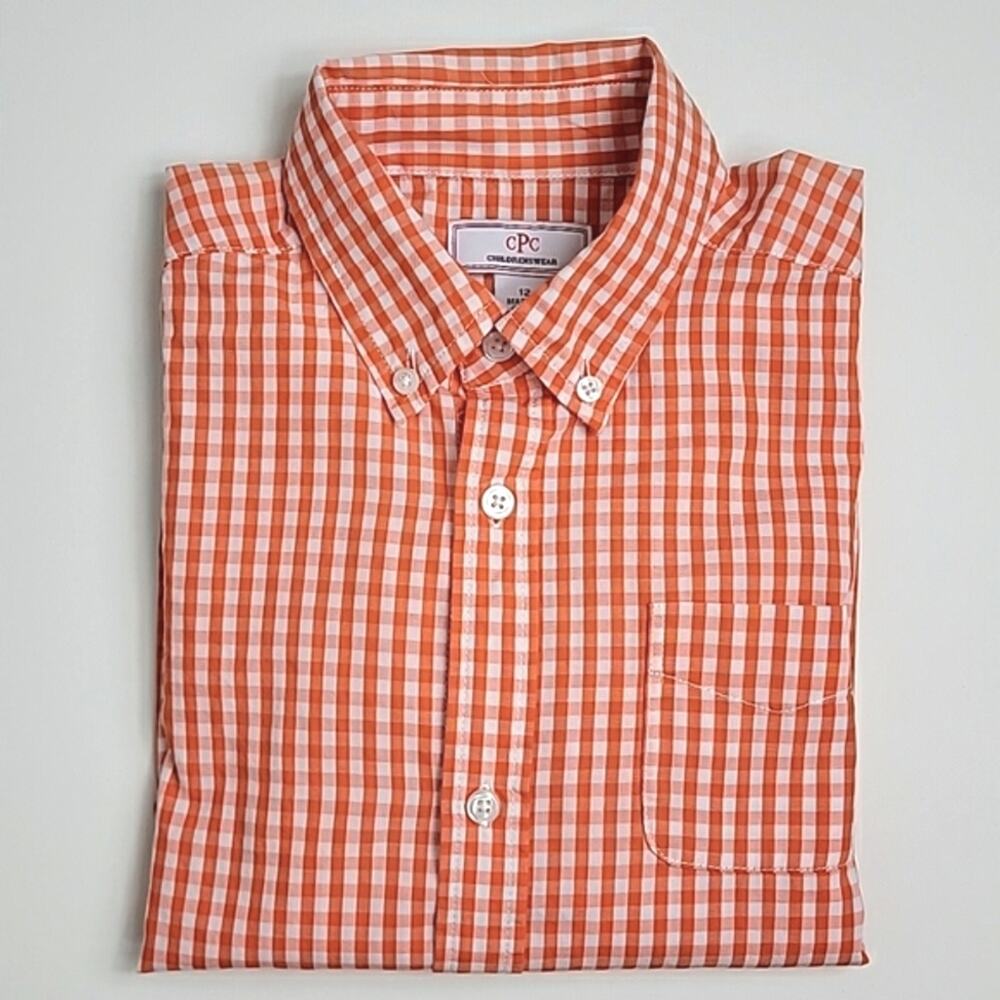 Classic Prep Childrenswear Orange Gingham Checkered Button-down Shirt Boys 12‎